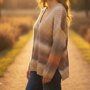 POL Oversized Waffle Knit V-Neck Sweater Small Neutral Stripe Cozy Pullover